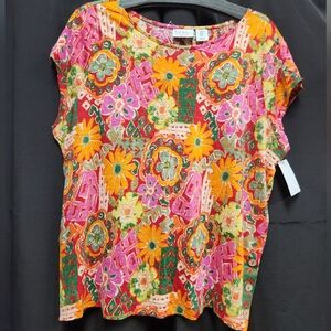 Nicole Miller Orange and Pink Graphic Cap Sleeve Blouse